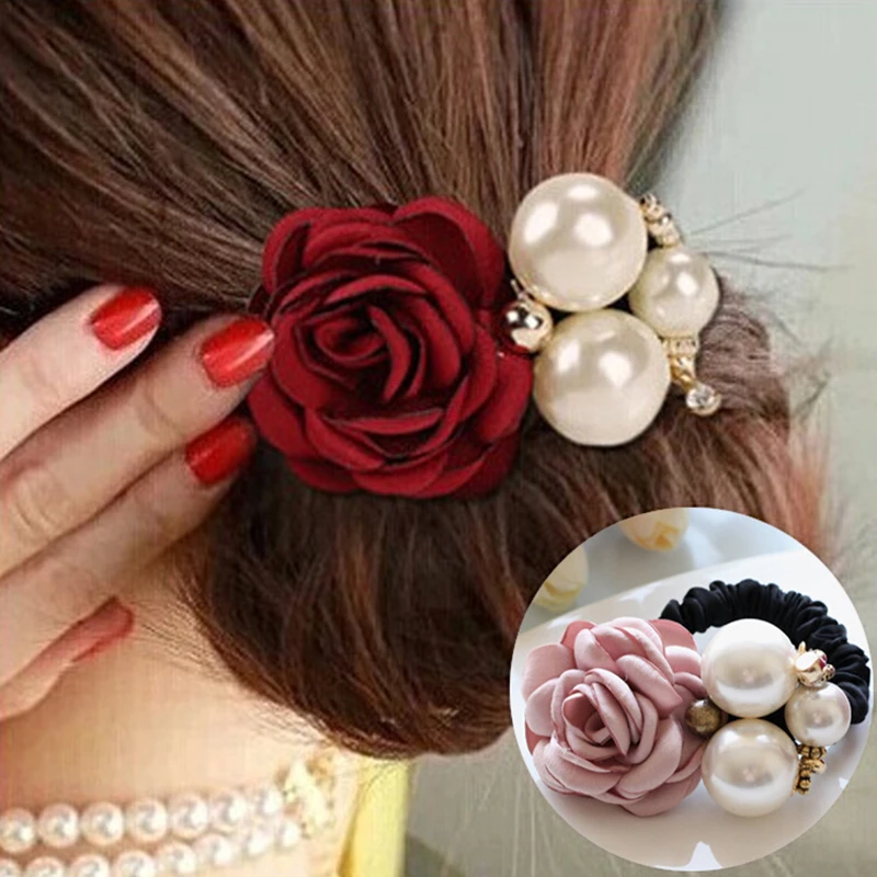 

1pc Hair Accessories Women Fashion Style Big Rose Flower Pearl Rhinestone Hair Bands Elastic Hair Rope Ring 5 Colors for Girls
