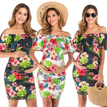

Summer Women Maternity Dresses Print Flower Ruffle One Word Collar pregnancy Photography Mini Dress Casual Clothes kleid платье