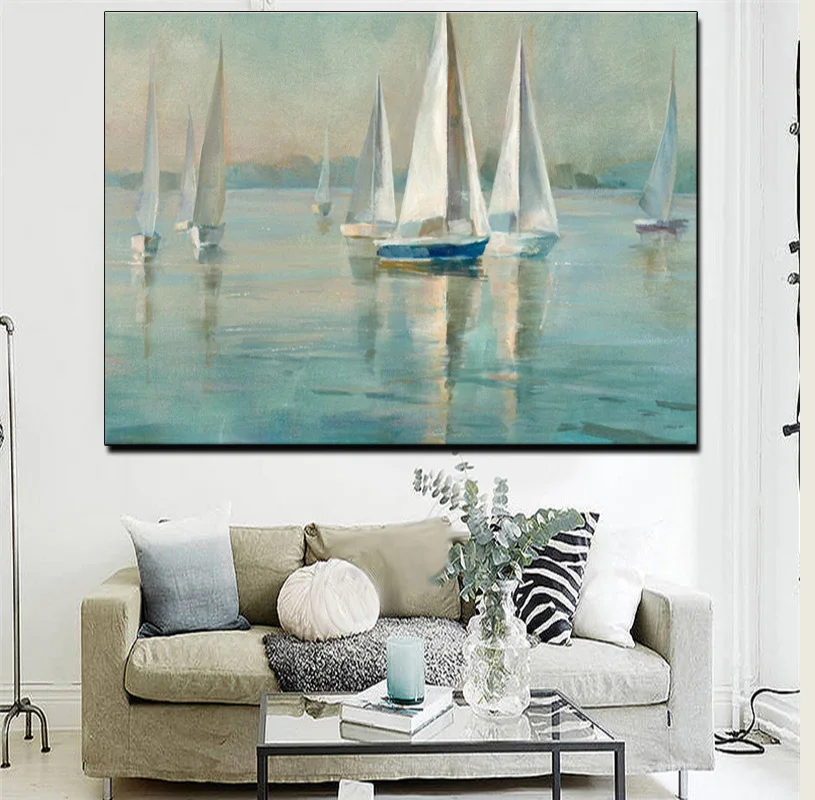 Drop-shipping Modern Wall Art Canvas Seascape Poster Nordic Wall Picture for Living Room Boat Sea Canvas Painting Unframed