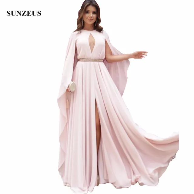 Long Pink Bridesmaid Dresses With Cape Back Chiffon Wedding Long Pink Bridesmaid Dresses With Cape Back Chiffon Wedding Party Gowns Gold Belt Y