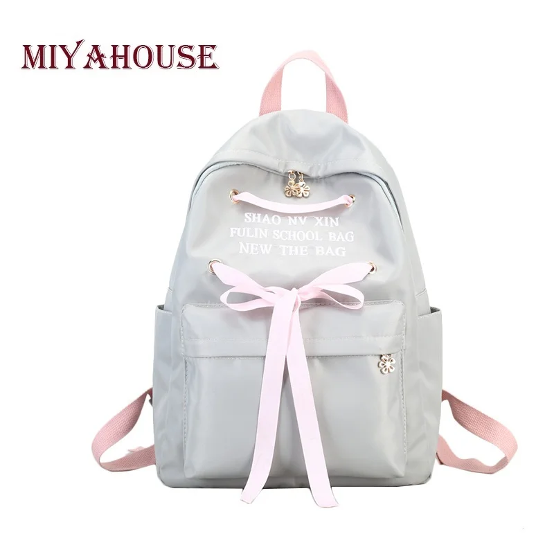 

Miyahouse Casual Ribbon Design School Backpack Women Solid Color Canvas School Bag For Teenage Girls Travel Rucksack Lady