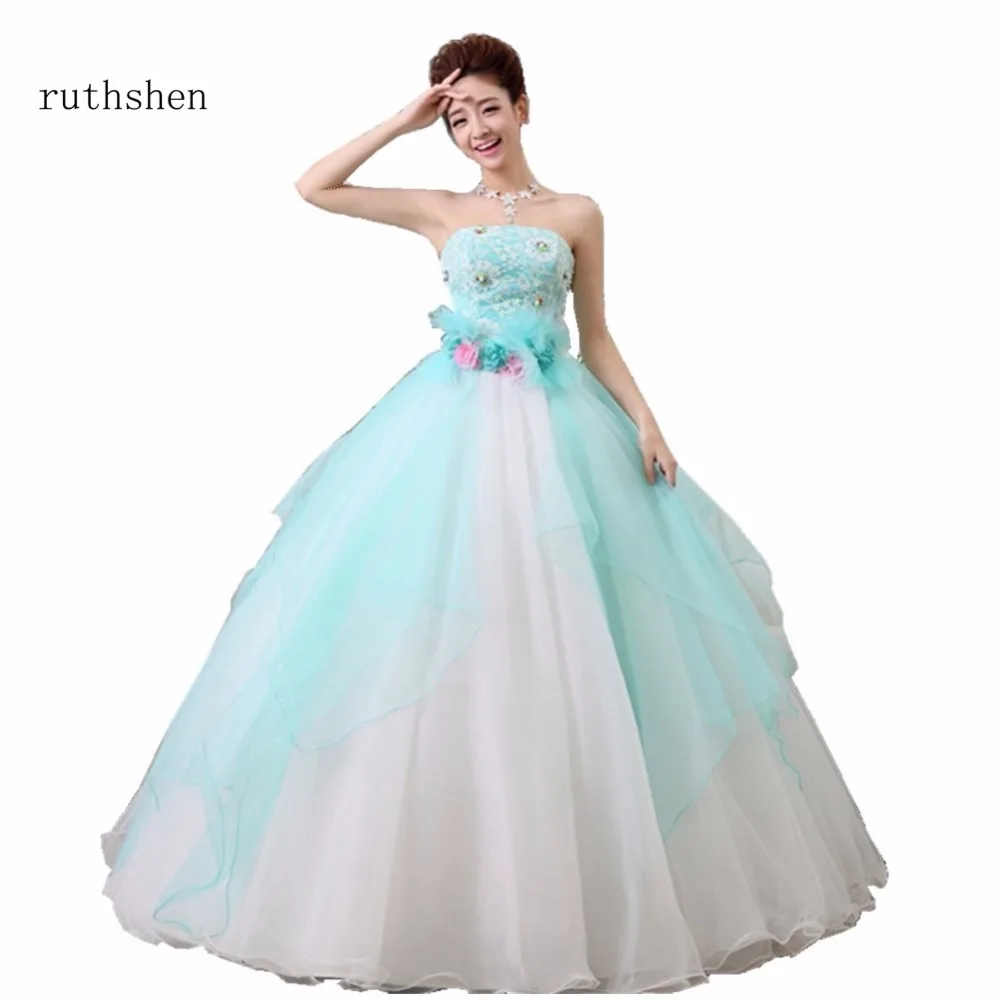 

ruthshen Vestidos Ball Gown Quinceanera Dresses Strapless Floor Length Handmade Flower Lace With Beading Pearls Girl Party Dress