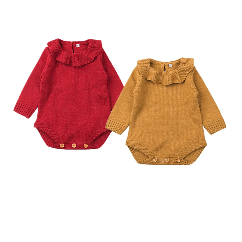 2017 Newborn Baby Girls Long Sleeve Wool Knitting Ruffle Bodysuit Solid