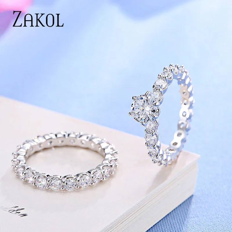 ZAKOL модное круглое кольцо с фианитом комплект из 2 предметов свадебные украшения