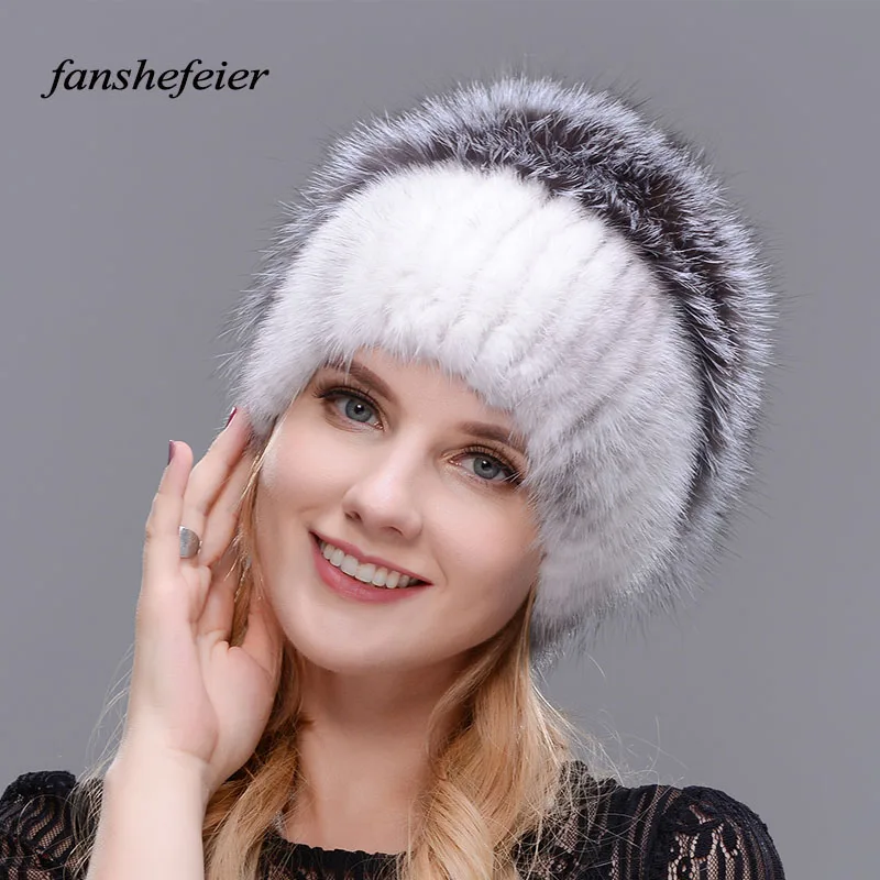 Женские зимние шапки Fanshefeier Элегантные вязаные шапочки из натурального меха
