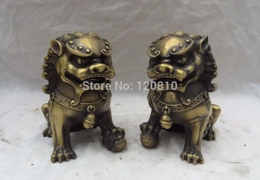 

Chinese Bronze Animails Sculpture FengShui Foo Fu Dog Lion Ball Statue Pair