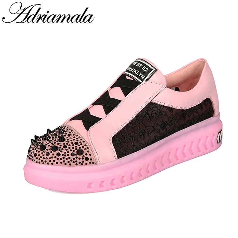 

2018 Leather Women Flat Shoes Casual Loafers Mixed Colors Slip-on Genuine Leather Summer Round Toe Fashion Rivet Shoes Adriamala