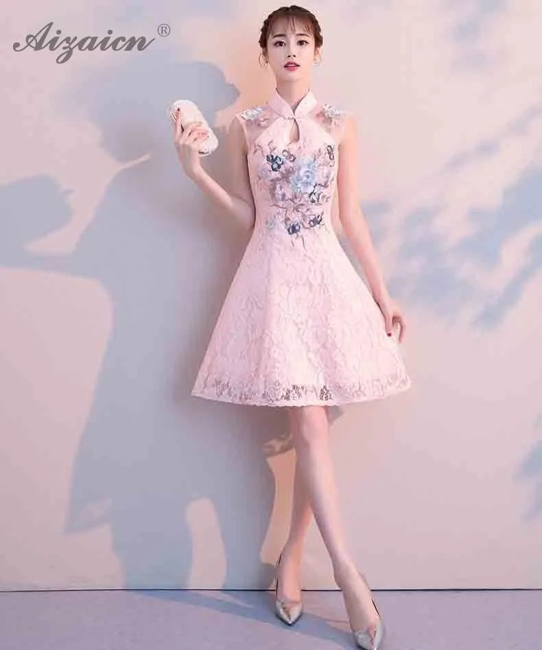 Современные Розовые Мини Qipao Chinoise кружевные короткие чонсам, Восточный стиль ретро вечернее платье Qi Pao женское традиционное китайское