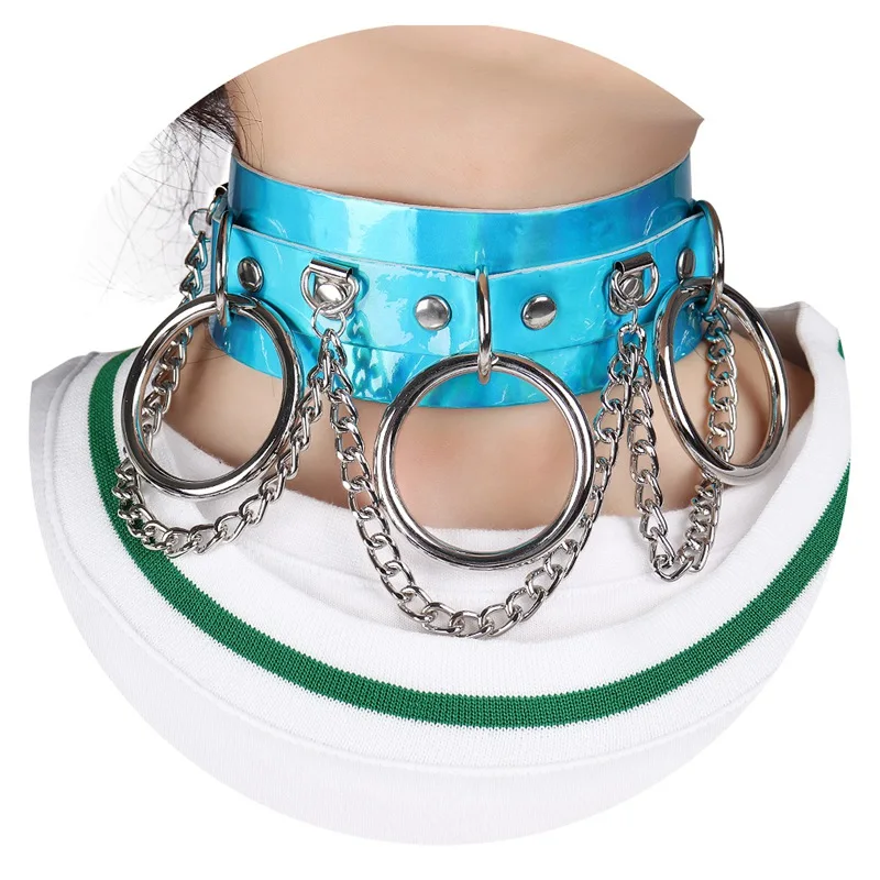 Leather Strap Top Cage Neck Belt Blue Sexy Metal Chain Punk Goth Accessory Adjustable Cosplay Club Dance Wear body Harness Women