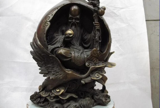

150401 S0859 15 Chinese pure bronze copper lucky longevity god peach red-crowned crane Statue
