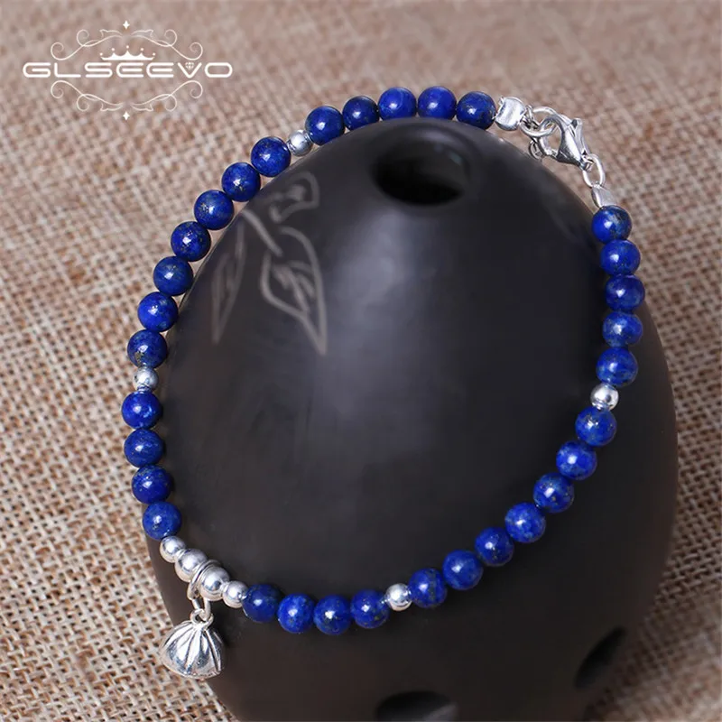 

GLSEEVO S925 Sterling Silver Simple Bracelet Female Ethnic Style Design Natural Lapis Lazuli Adjustable Bracelet Jewelry GB0032