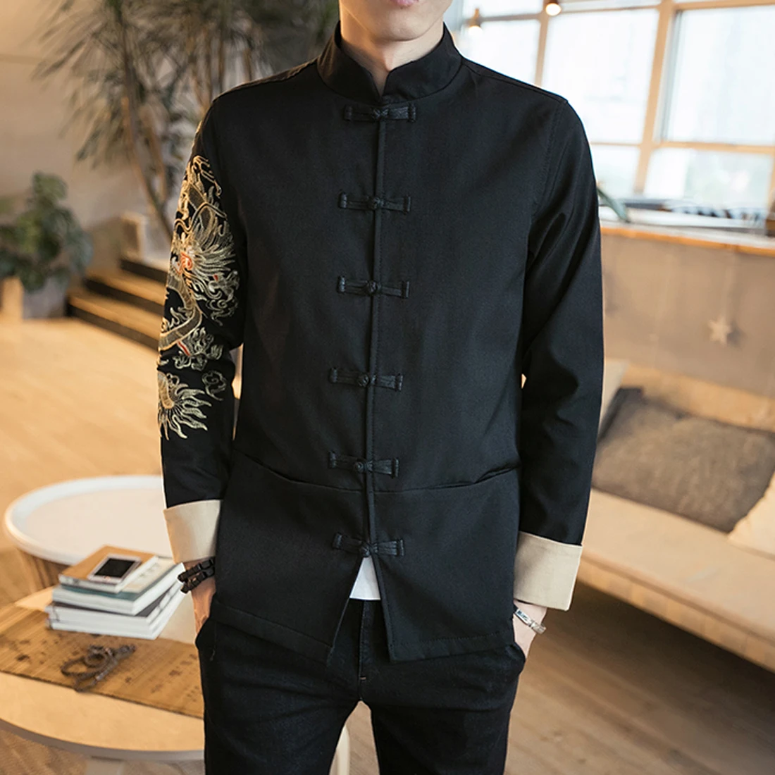 Linen Coats Men Long Sleeve Dragons Printed Brand Bomber Jackets Mens Stand Collar Embroidery