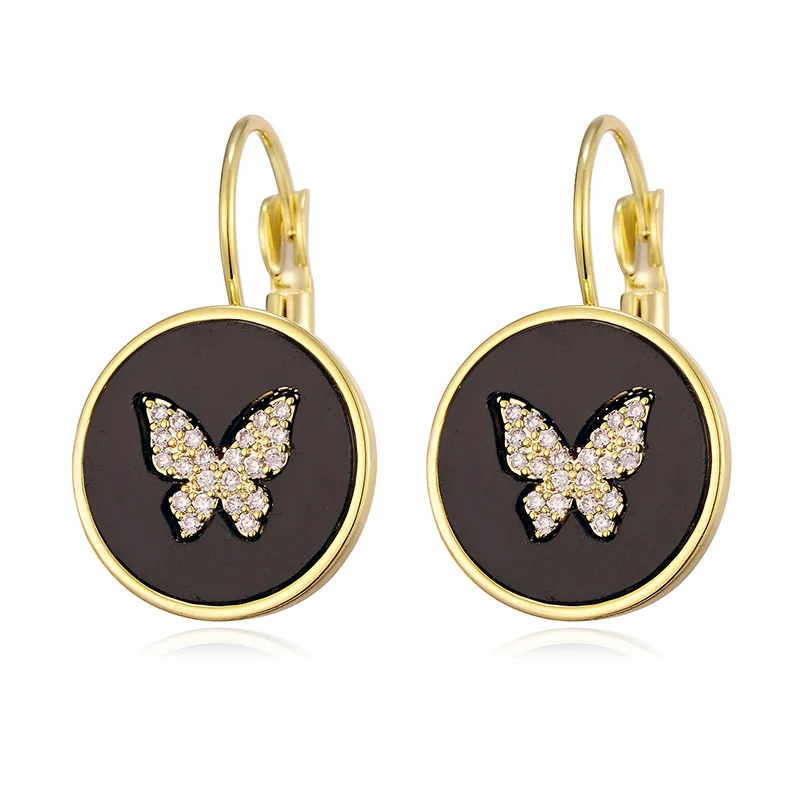 

Black Lacquer Round Butterfly Drop Earrings For Women Gold Color Copper Pearl Earring Fashion Jewelry boucle d'oreille femme