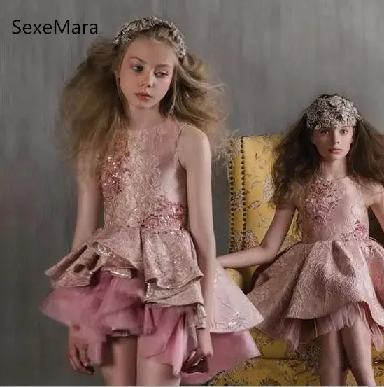 New pink girls dresses o-neck high quality Embroidered Stereo sequined lace girls birthday party dress Christmas Dress size 2-14 New pink girls dresses o-neck high quality Embroidered Stereo sequined lace girls birthday party dress Christmas Dress size 2-14