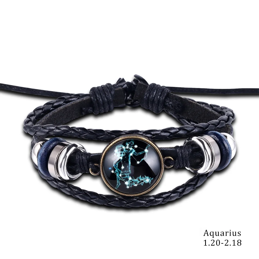 12 созвездий браслет Для мужчин ретро Медь Шарм Кожаные браслеты Плетеные браслеты по гороскопу Для женщин девочек Модные украшения - Окраска металла: Aquarius