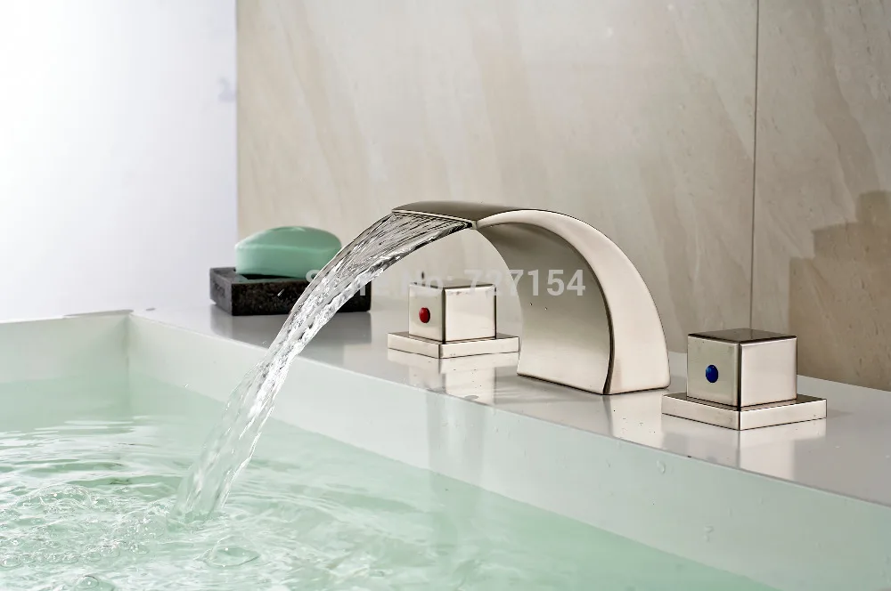 

Free Shipping! Modern Nickel Brushed Basin Faucet Dual Square Handles Sink Mixer Deck Mounted