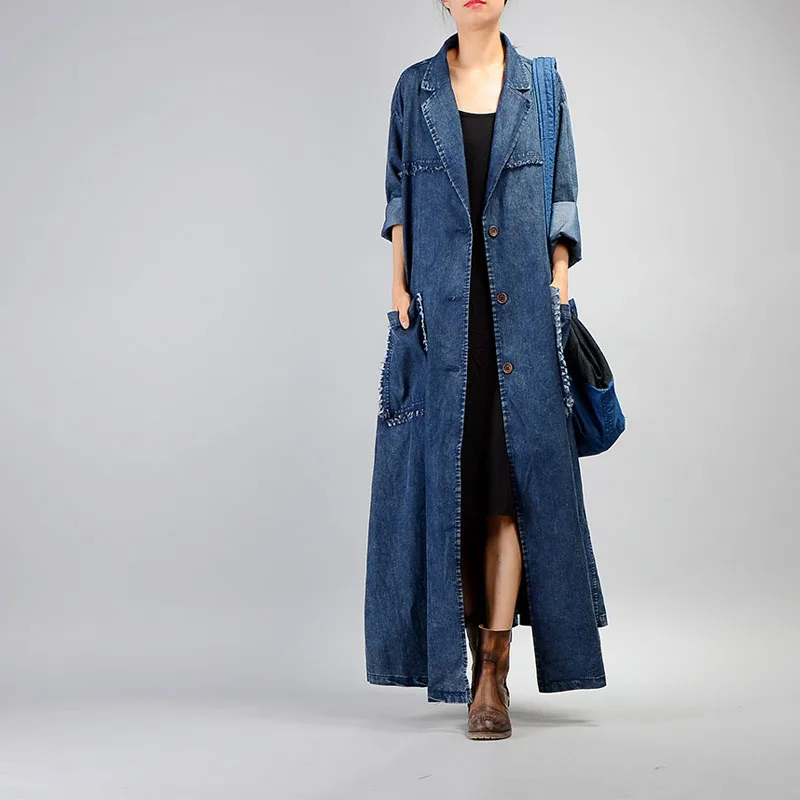 Free Shipping 2018 New Vintage Denim Long Coat For Women Plus Size Loose Tassels Outerwear Long
