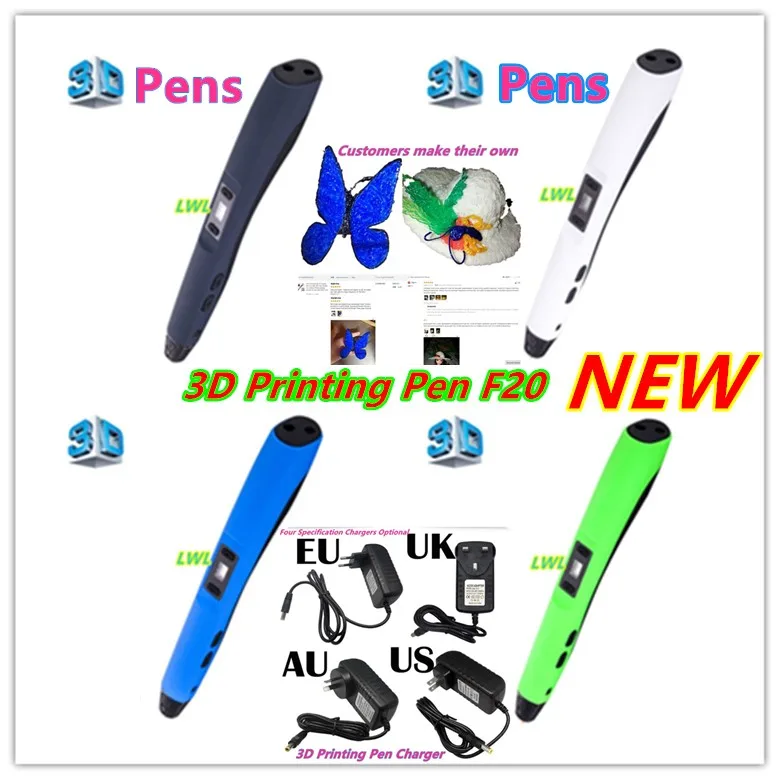 

2017 NEW F20 3d Printer pen 3D Drawing Pen 3d pens White Black Blue Green Four-color inventory More than 10PCS free to send DHL
