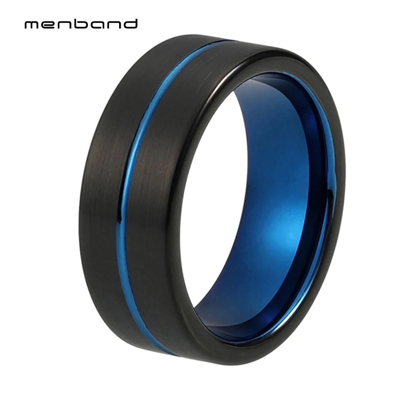 

8mm Tungsten Wedding Rings for Men Women Blue Center Line Brushed Finish Black Plated Comfort Fit Flat Band Engagement Ring