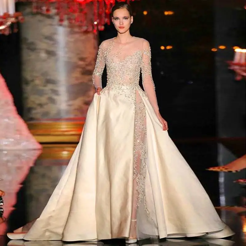 Charming Long Sleeve Prom Gown A-Line O-Neck Sexy See Through Unique Design Beads Evening Dress for Wedding Party Custom Made | Свадьбы и