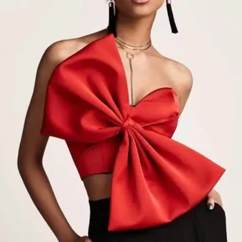 

Summer Cropped Tops with Big Bowknot Women Off Shoulder Zipper Tank for Black Red Tube Tops Shirts Backless Sexy Blusas