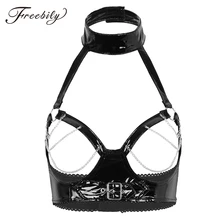 Женское белье для взрослых бюстгальтер без бретелек Wetlook PU кожаная лямка шеи Открытый бюст с цепочкой кисточкой Сексуальная полюс одежда для ночного клуба бюстгальтер топы