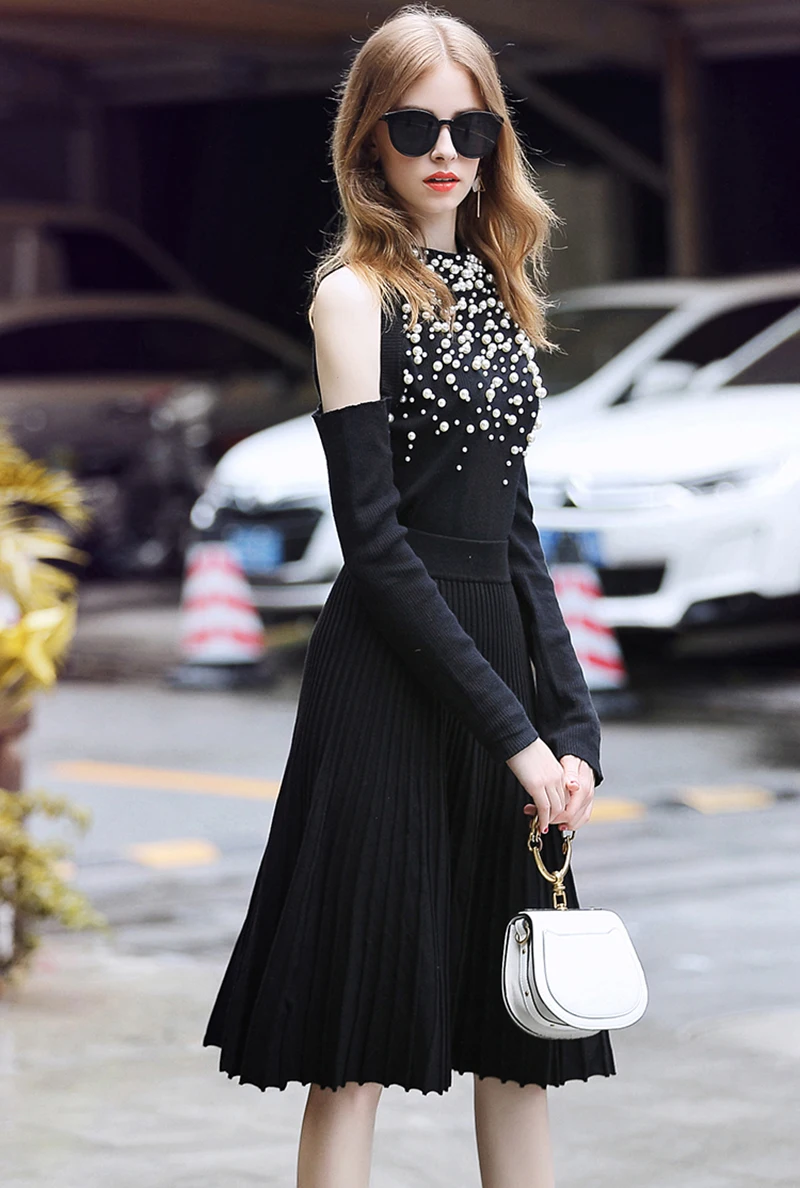 Chic Pearl Beading Sweater Women Off Shoulder Sexy Slim Knitting Jumpers Female Long Sleeves Elegant Spring Clothes 2019 Tops 