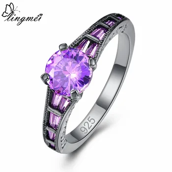 

Lingmei Wholesale Wedding Bride Classic Jewelry RoundPurpleRed Zircon Silver Color Black GoldRing Size 6-9