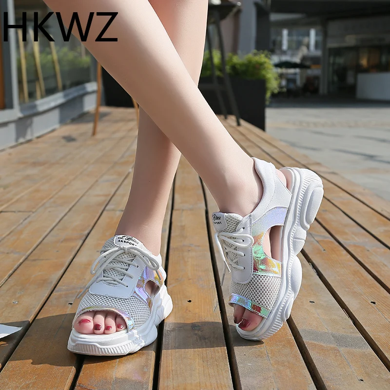 

2019 summer thick-soled sandals female muffin bottom girl fish mouth mesh breathable versatile flat colorful casual high sandals