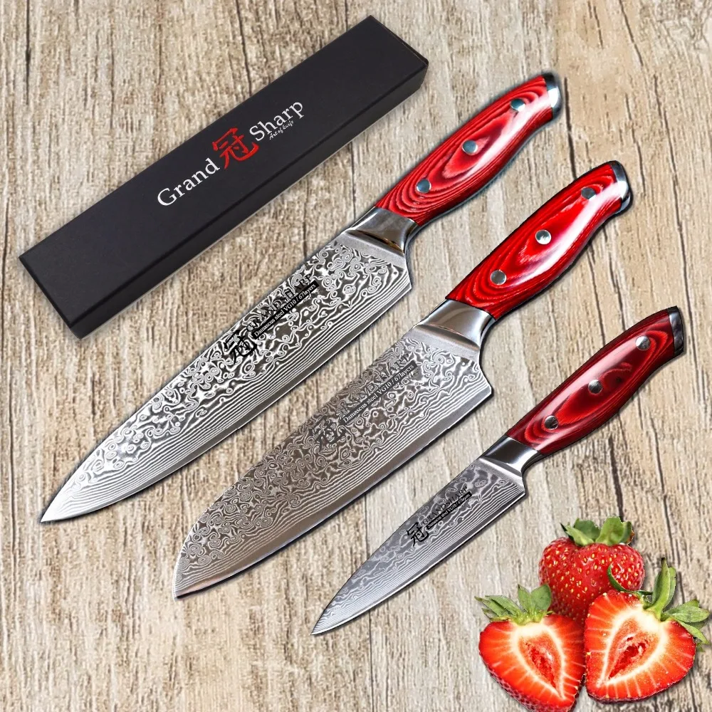 GRANDSHARP 3pcs Damascus Knife Set 67 Layers Japanese Damascus Steel