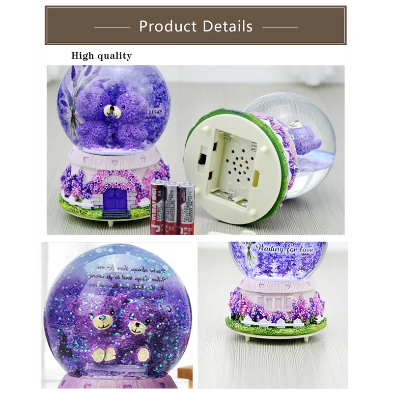 Мультфильм Фиолетовый Лаванда пара медведь светящийся хрустальный шар музыкальная шкатулка украшения креативный стеклянный шар музыка декоративная коробочка подарки