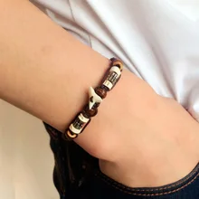 Brown Black Leather Shark Tooth Bracelets Wooden Beads Leather Shark Tooth for Women Men Jewelry Accessories Wholesale