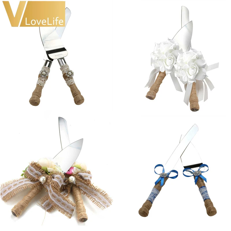 2Pcs/set Burlap Fabric Wedding Cake Knife and Server Set Stainless
