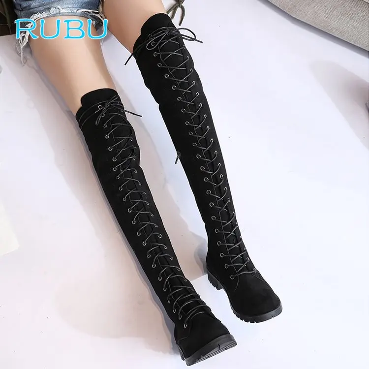 

Sexy Lace Up Over Knee Boots Women Rome Style Boots Women Flats Shoes Woman Suede Long Boots Winter Thigh High Boots 35-43