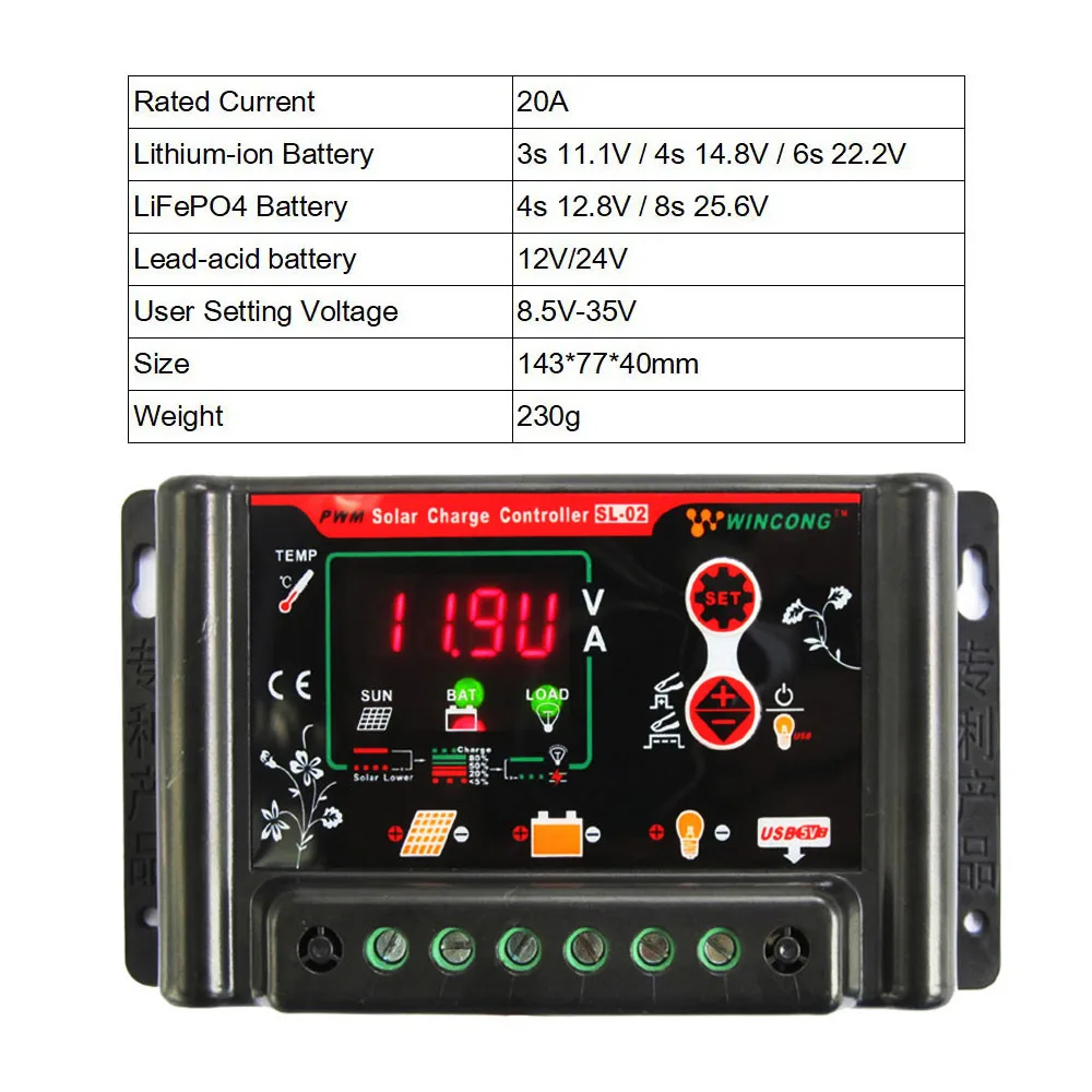 PWM Wincong Солнечный контроллер заряда 30A 10A 20A 3A 6 в 12 В 24 в 48 в 60 в литий-ионный Ni-MH LiFePO4 батарея