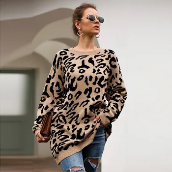 

Fashion Leopard Print Sweater Women 2019 Autumn Winter Loose Elegant Long Sleeve Knitted Sweaters Pullovers For Lady