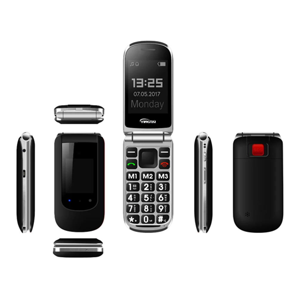 YINGTAI T09 GSM двойной экран флип телефон для пожилых с функцией SOS раскладушка мобильный телефон Большой кнопочный мобильный телефон FM - Цвет: silver black