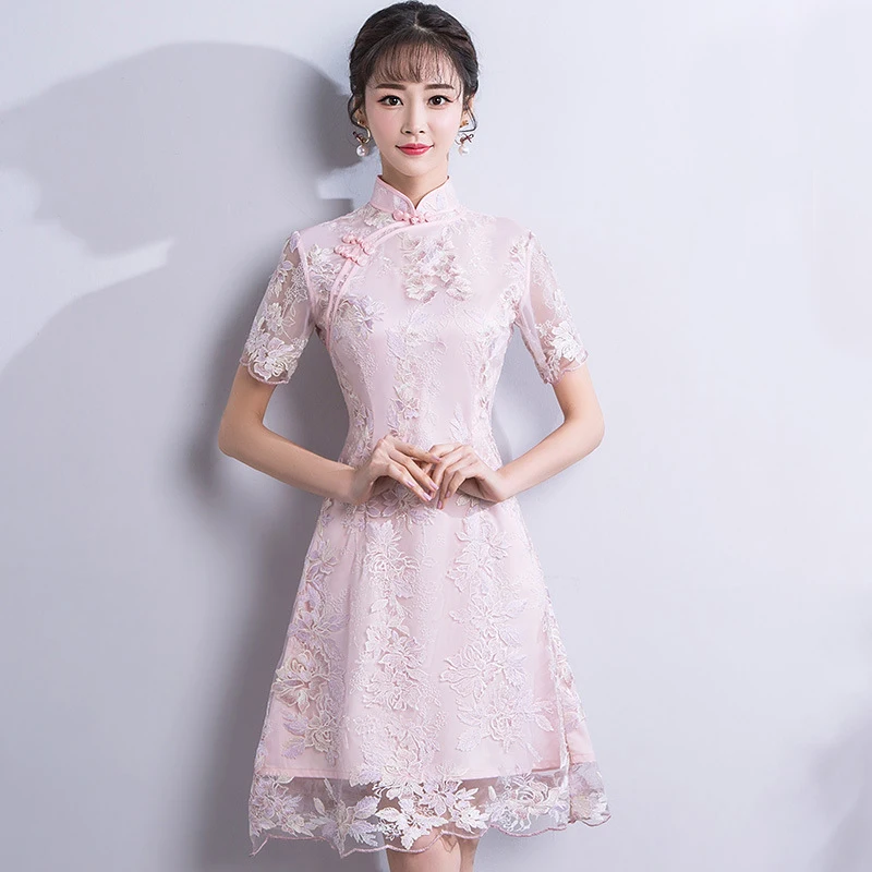 Сексуальное розовое женское Короткое платье Cheongsam летнее традиционное в