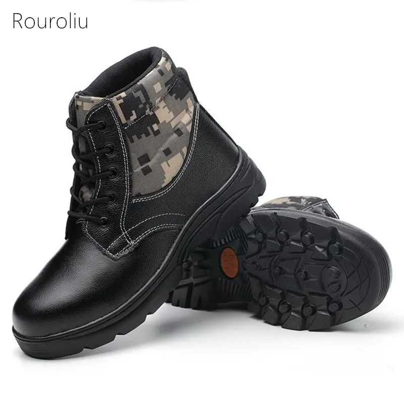 

Rouroliu Men Winter Lace-Up Warm Rainboots Non-Slip Safety Work Shoes Steel Toe Man Autumn Camouflage Ankle Water Boots FR43