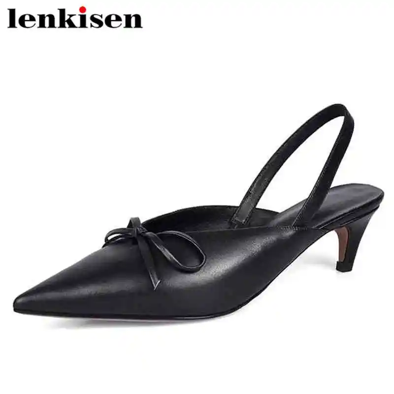 

Lenkisen large size cow leather pointed toe solid shallow elastic band med heels butterfly-knot party sandals women shoes L0f1