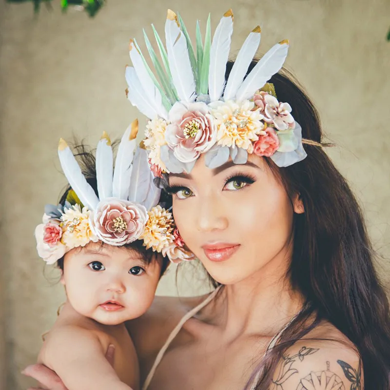 

Mom and Me Flower Hair Bands 2018 Chic Style Newborn Flower Headbands Feather Crown Mother Kids Matching Hair Accessories
