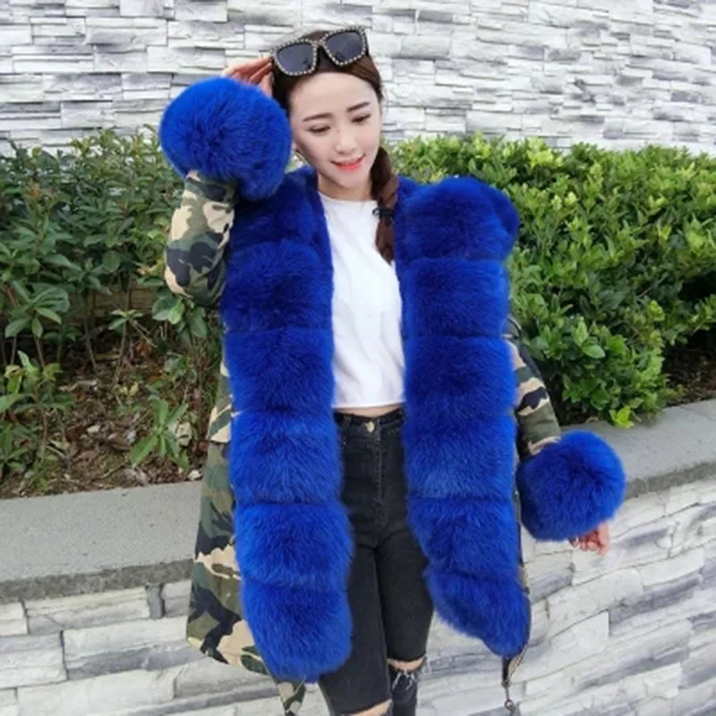 

wholesale 2019 real fur coat winter jacket women natural fox fur collar cuffs long Camouflage parka plus size warm thick new