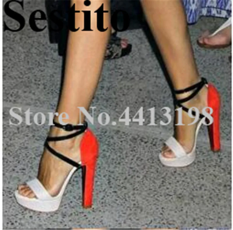 

European Mixed Colors Cross-tied Shoes Peep Toe Hoof Heels Platform Sandals Ankle Buckle Strap Cover Heel Summer Women Shoes