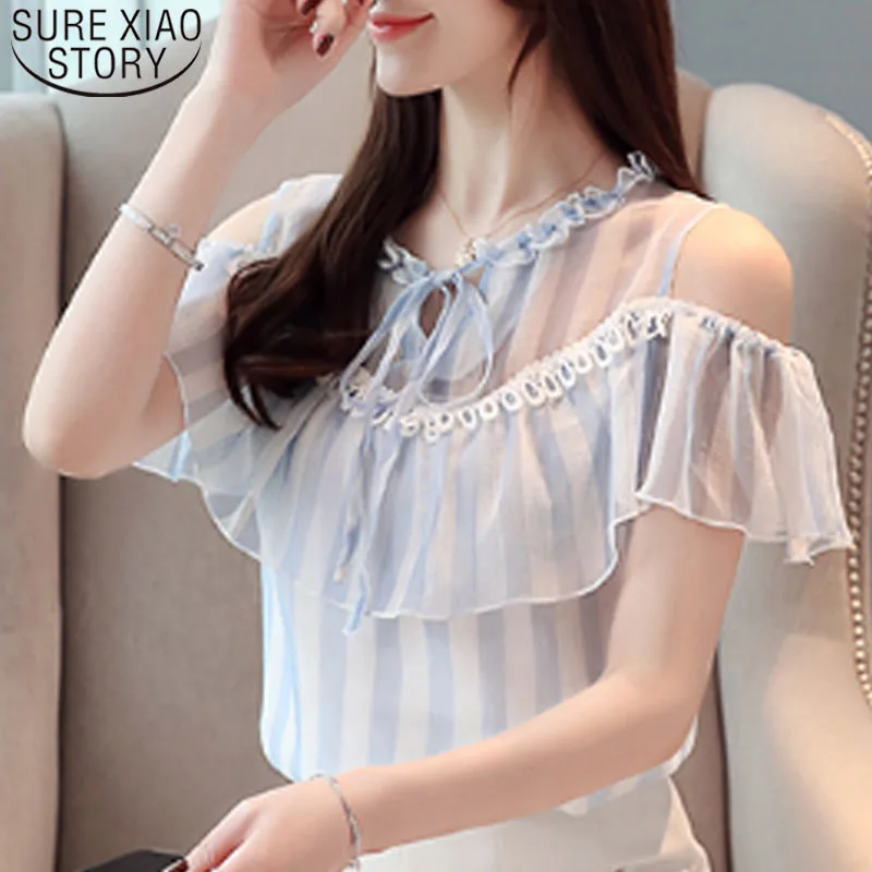 

New Chiffon blouses for summer 2019 cool short sleeves shirt blouse women tops and blouse striped off shoulder shirt 3537 50