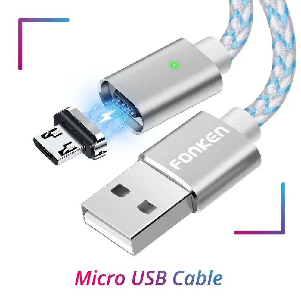 Магнитный кабель FONKEN Micro usb type-C, 1 м, 2 м, магнитный usb-кабель, 3 А, быстрая зарядка для зарядного устройства телефона, кабель type-C, мобильный светодиодный кабель для передачи данных - Цвет: Micro Cable White