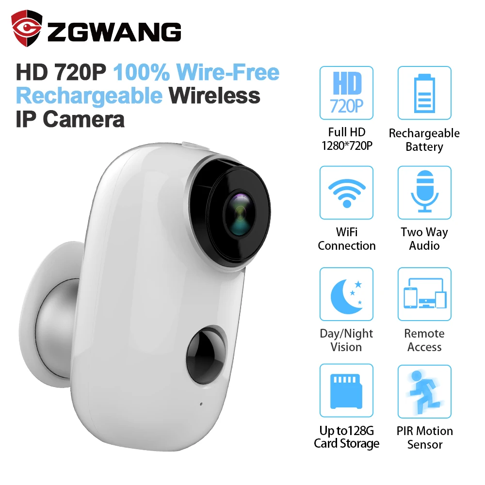 

ZGWANG 100% Wire-Free CCTV Wifi IP Camera Outdoor IP65 Weatherproof Rechargeable Home Security Camera PIR Motion Alarm ipcam