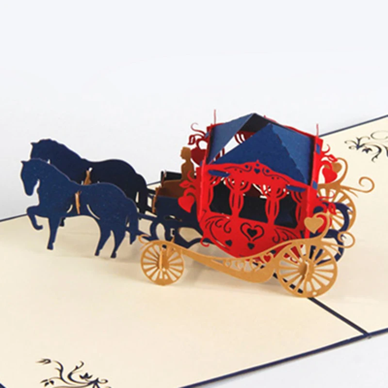  Brand New Horse Carriage 3D Pop- up Greeting /Invitation CardS By Chinese Paper-Cut Art 16x13 cm Ro - 32726063944