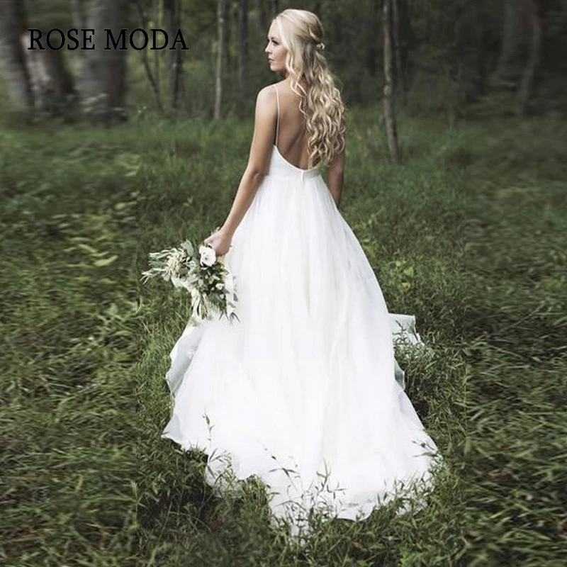 

Rose Moda Simple Backless Boho Wedding Dress 2019 V Neck Beach Wedding Gown Custom Make