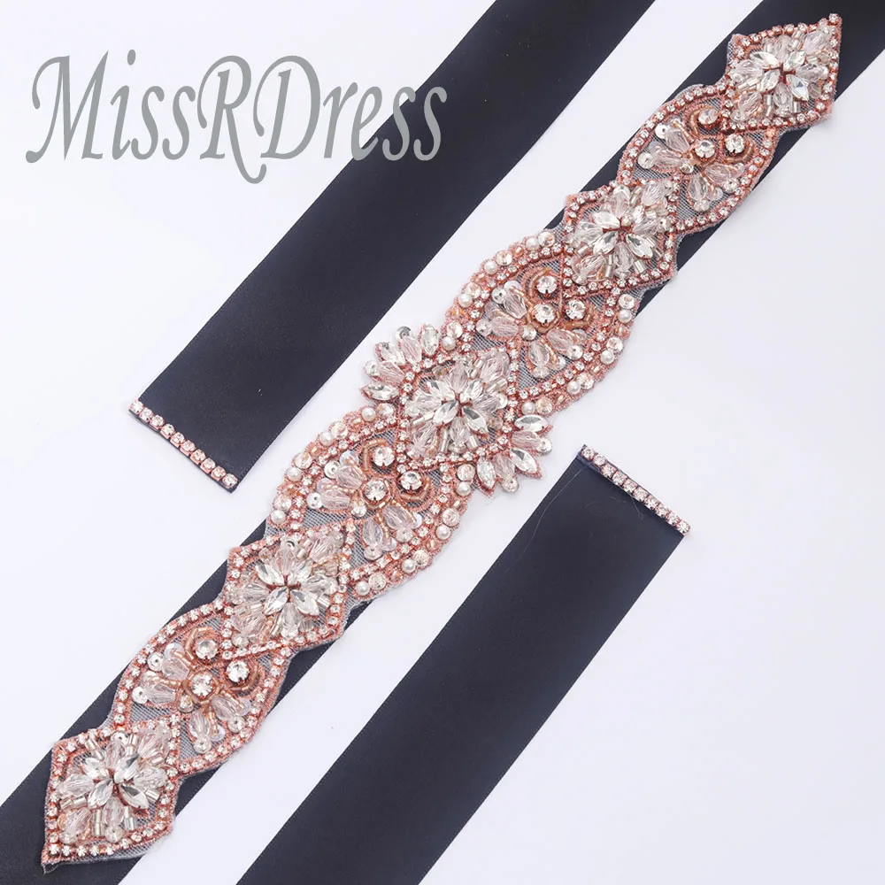 MissRDress стразы, свадебный пояс, пояс ручной работы, расшитый бисером, свадебный пояс, розовое золото, Лента Свадебная со стразами для свадебного платья JK827