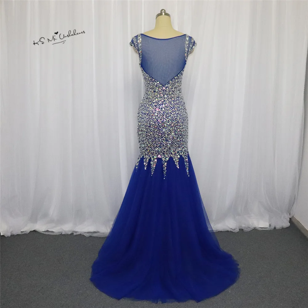 Robe de Soiree Longue сексуальные королевские синие вечерние платья с кристаллами, с рукавом-крылышком, платья для выпускного вечера, Длинные тюлевые платья Boda